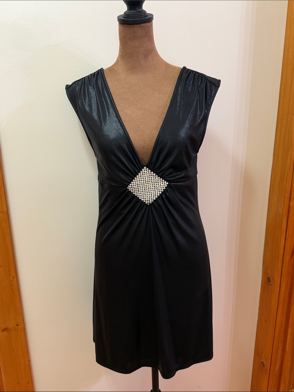 Guess Black Deep V Mini Dress w Dramatic Open Back and Rhinestone Accent NWOT
